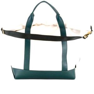 SEARCHING FOR Sacai roll top tote bag w green leather straps canvas body